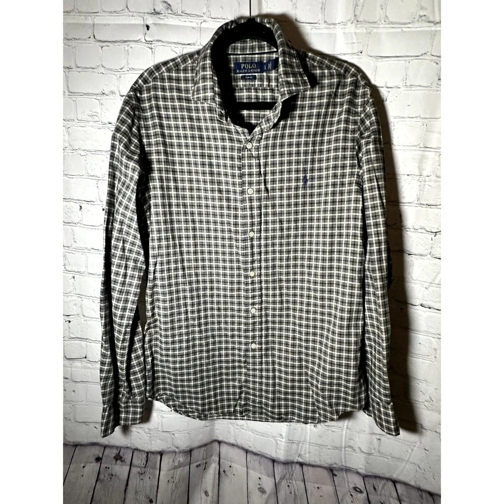 Polo Ralph Lauren Mens Slim Fit Plaid Button Down Grey White Large L Cotton